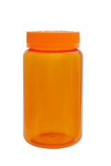 plastic orange small bottle for pills and tablets, empty with a cover isolated on a white background