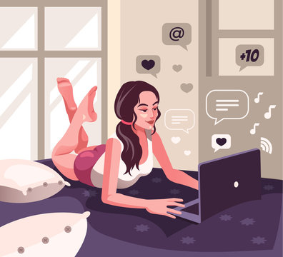 Young woman laying bed in room home house and working online. Web internet communication education freelance work home office concept. Vector flat graphic design cartoon illustration