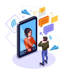 Two people man and woman character talking by smart phone. Online communication email message concept. Video call chat. Vector flat graphic design cartoon isolated illustration