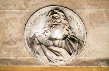 Saint James the Apostle, bass relief in portico of church dei Santi XII Apostoli in Rome, Italy
