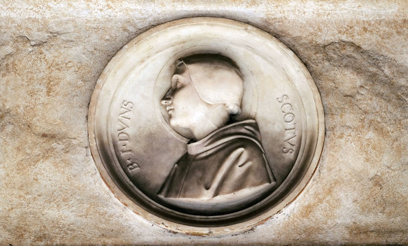 Blessed Duns Scotus, bass relief in portico of church dei Santi XII Apostoli in Rome, Italy 