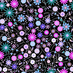Vector abstract colored floral seamless pattern with hand-drawn bright shiny stylized colorful pink, blue, violet flowers and branches. Doodles on black background. Textile design. Herbal texture