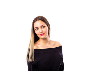 Fototapeta premium Closeup portrait of a teenage girl in black over white background
