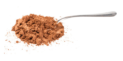 side view pile of ground carob powder with spoon