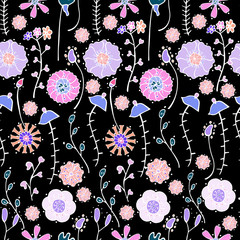 Floral seamless pattern with hand-drawn stylized small flowers and branches on cold colors on black background with doodle elements. Abstract endless dark texture. Textile design illustration.