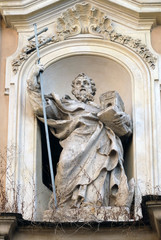 Statue of Saint John of Matha on facade of Santissima Trinita degli Spagnoli Church in Rome, Italy 