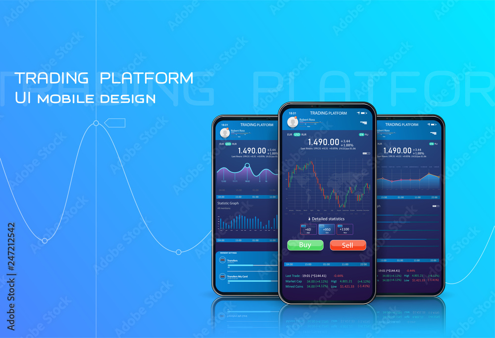 Aufkleber stock exchange scene with mobile phone, chart, numbers and buy and sell options. flat style web bann