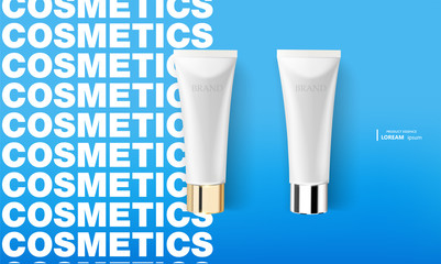 White glossy plastic tube on blue background for medicine or cosmetics - cream, gel, skin care, toothpaste. Realistic packaging mockup template.