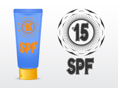 realistic vector template sunscreen in blue tube with yellow cap. SPF 15 sign in the pattern. isolated on white background