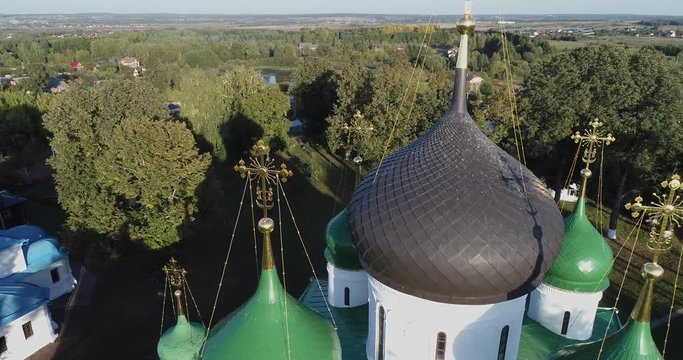 Aerial drone video of beautiful view of Feodorovsky women monastery in Pereslavl-Zalessky city, Yaroslavl region, Russia