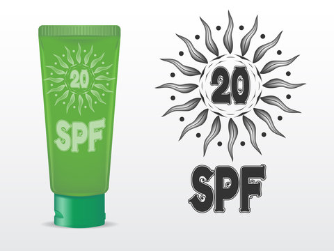 realistic vector template sunscreen in a tube of light green color with green cap. SPF 20 sign in the pattern. isolated on white background