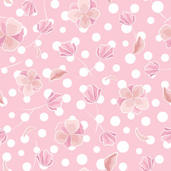 Seamless vector floral pattern with abstract hand-drawn flowers in baby-pink colors on polka dot background