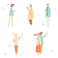 People set with smartphones taking photo, texting, watching video, communicating