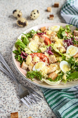 Fresh caesar salad with chicken breast, lettuce and tomatoes. Delicious spring salad