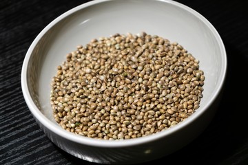 Hemp seeds in the bowl. Slovakia