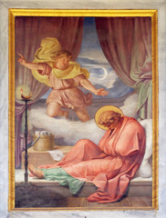 Fototapeta na wymiar The fresco with the image of the life of St. Paul: The Vision of the Macedonian, basilica of Saint Paul Outside the Walls, Rome, Italy 