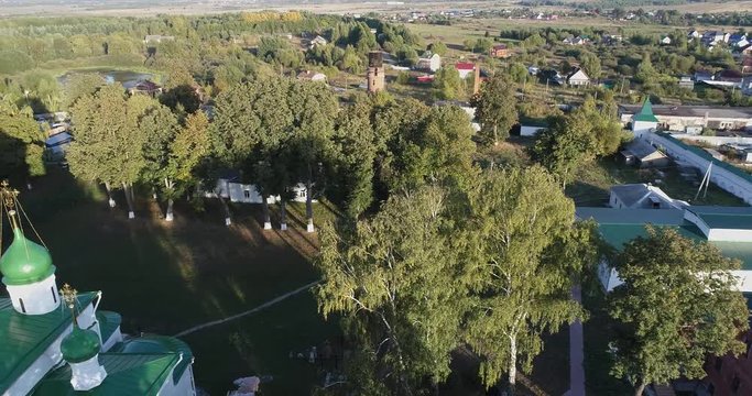 Aerial drone video of beautiful view of Feodorovsky women monastery in Pereslavl-Zalessky city, Yaroslavl region, Russia
