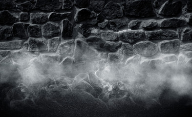 Background of an empty room with brick walls and lanterns. Grunge old brick wall closeup. Neon light smoke