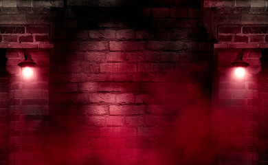 Background of an empty room with brick walls and lanterns. Grunge old brick wall closeup. Neon red...