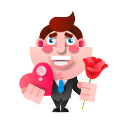 Businessman With Flowers And Gift. Happy Birthday, Valentine s Day. Vector Illustration In Paper Style.