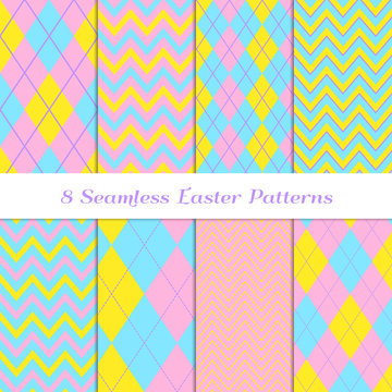 Easter Argyle and Chevron Zigzag Stripes Vector Patterns. Cute Pastel Rainbow Backgrounds in Blue, Pink, Yellow and Lilac. Repeting Pattern Tile Swatches Included.
