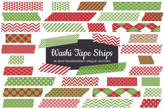Christmas Red and Green Washi Tape Strips Isolated on White. Semitransparent Masking Tape Pieces with Torn Edges. 36 Unique Vectors. Web or Print Layout Element or Photo Sticker.