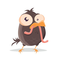funny cartoon illustration of a bird with worm