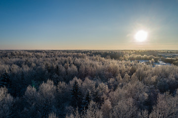 Obraz premium Aerial view of a beautiful sunset in the winter forest. 