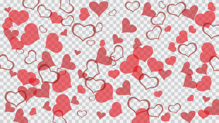 Red on Transparent fond Vector. Happy background. Red hearts of confetti are falling. Part of the design of wallpaper, textiles, packaging, printing, holiday invitation for wedding.