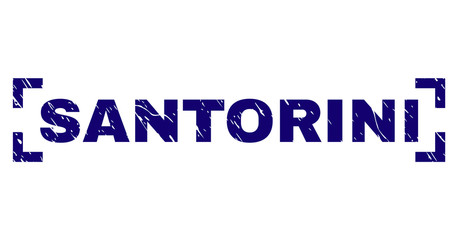 SANTORINI label seal print with grunge style. Text tag is placed between corners. Blue vector rubber print of SANTORINI with grunge texture.