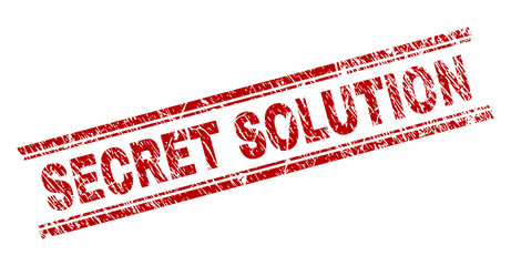 SECRET SOLUTION seal print with distress texture. Red vector rubber print of SECRET SOLUTION caption with scratched texture. Text label is placed between double parallel lines.