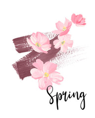 Spring lettering. greeting cards, banners and invitation card with blossom sakura flowers. Color pink sakura cherry blossom flower.