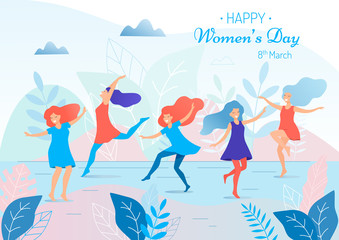 Happy women's day vector illustration. Beautiful dancing women.