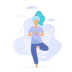 Woman in tree pose. Yoga girl in a park vector trendy illustration.