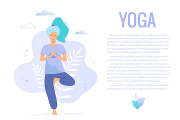 Woman in tree pose. Yoga girl in a park vector trendy illustration.