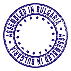 ASSEMBLED IN BULGARIA stamp seal watermark with grunge texture. Designed with circles and stars. Blue vector rubber print of ASSEMBLED IN BULGARIA text with retro texture.