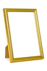 Standing golden picture frame on white background