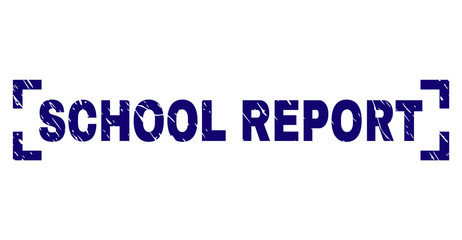 SCHOOL REPORT title seal print with corroded texture. Text tag is placed between corners. Blue vector rubber print of SCHOOL REPORT with corroded texture.