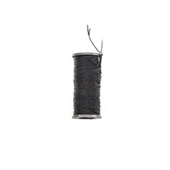 Spool of black thread with a needle on a white background.