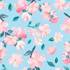 Obraz na płótnie Canvas Seamless background pattern of pink Sakura blossom or Japanese flowering cherry symbolic of Spring suitable for textile, wrapping, fabric.