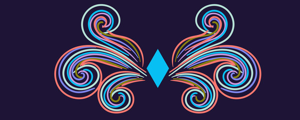 Colorful abstract curly element for design, swirl, curl. Divider, frame isolated on dark background. Vector illustration.