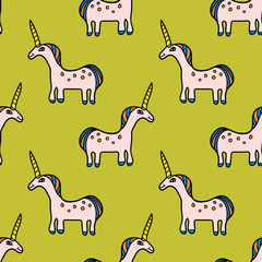 Cute colorful seamless pattern with hand drawn smiling unicorn in profile with thin line contour. Vector illustration.