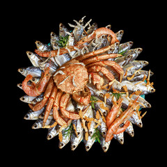 Big hairy boiled crab sits on a heap of dried salted fish on a gift bouquet on the black background, top view