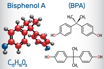 Bisphenol A (BPA) molecule. Structural chemical formula and molecule model