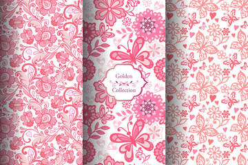Pink Set of Seamless Floral Pattern with Hearts. Elegant Decorative ornament for wallpaper, fabric, paper, invitation