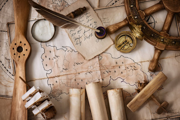 Vintage old maps and objects traveler-explorer