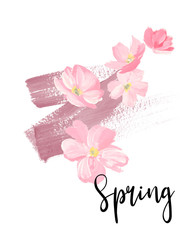 Spring lettering. greeting cards, banners and invitation card with blossom sakura flowers. Color pink sakura cherry blossom flower. 