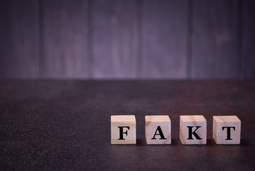 Word fakt on wooden cubes, on a dark background