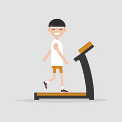 young character doing exercise with treadmill.flat cartoon design