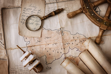 Vintage old maps and objects traveler-explorer